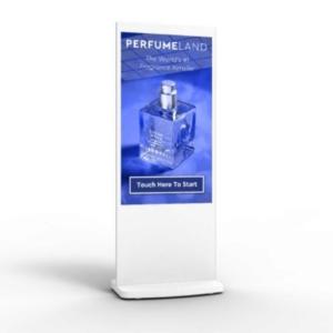 A white freestanding digital interactive touch screen totem.