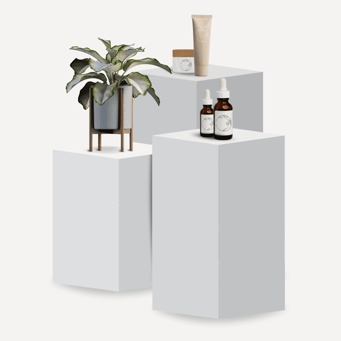 Three White Display Plinths With Beauty Products & A Plant On Display.