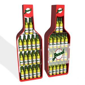 A freestanding, custom branded drinks bottle display holding lots of yellow bottles, featuring a translucent shutter door.