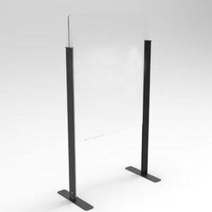 A floor standing acrylic sneeze screen.