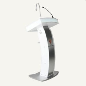 Bespoke AV lectern facing the corner, with a grey microphone and a black microphone, with "City of Wolverhampton" logo on the front.
