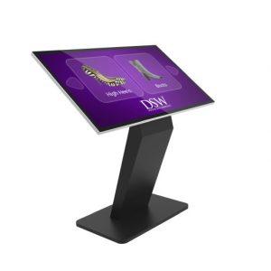 Floor standing touch screen digital screen kiosk with silver bezel.
