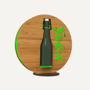 A custom branded bottle display made from wood and acrylic holding a green bottle.
