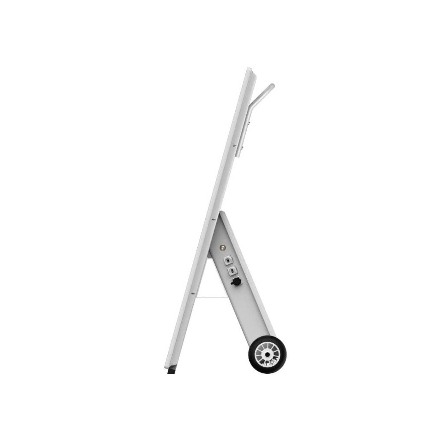 A side view of a white outdoor digital A- board.