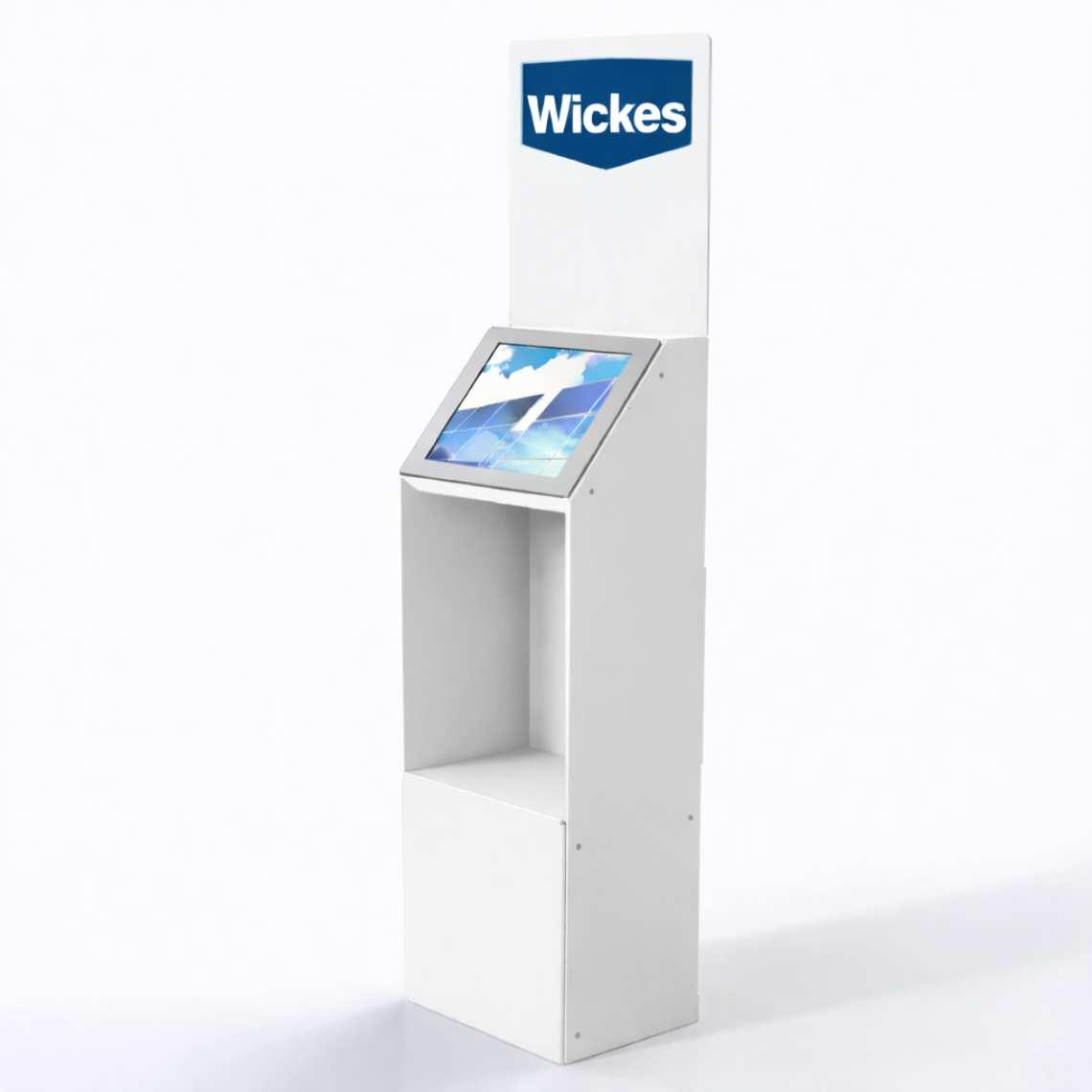 A white freestanding brochure display with digital screen with custom print on the header.