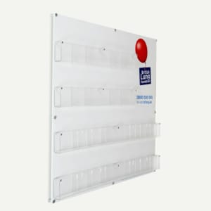 A clear acrylic, multi pocket leaflet display with branding.