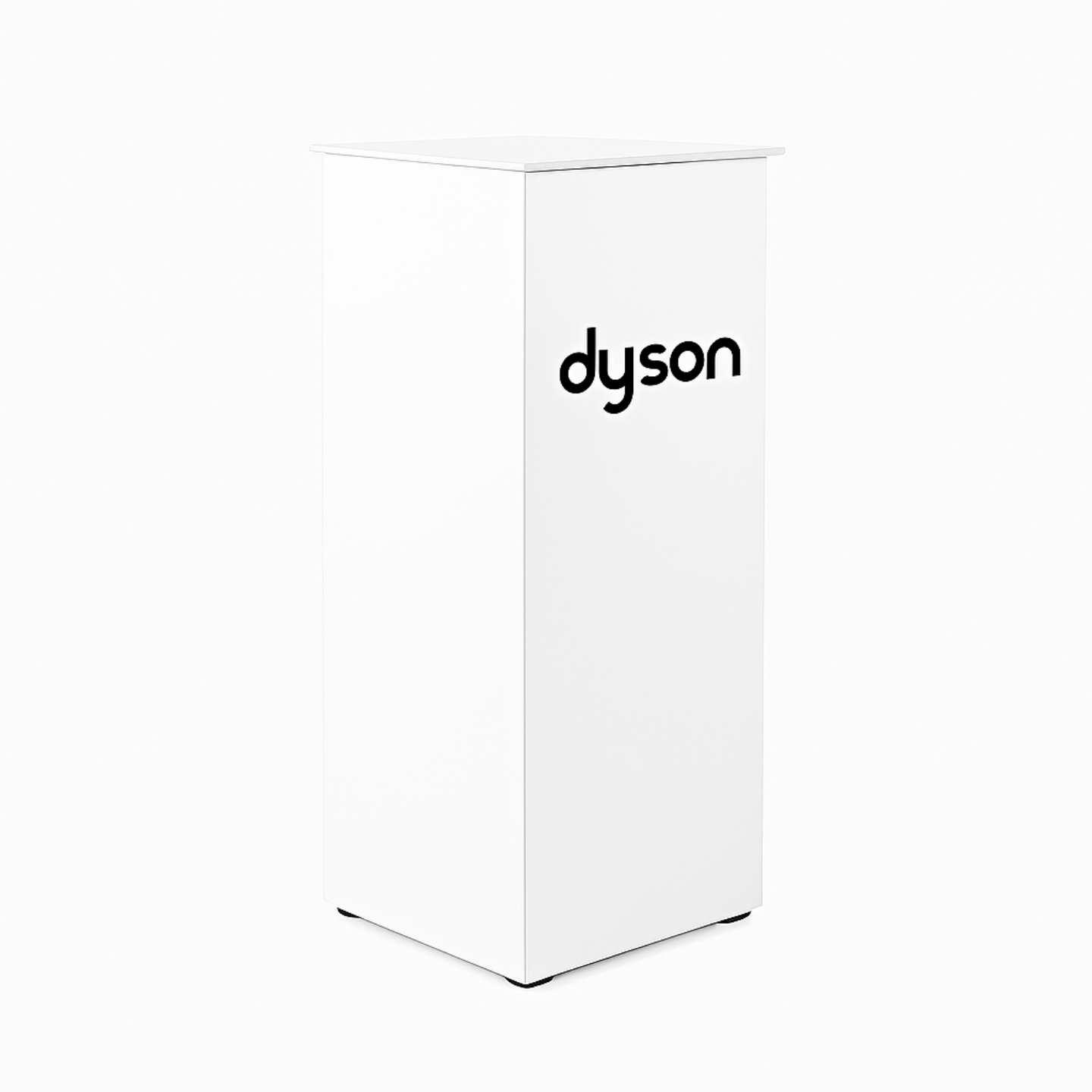 A white flat pack aluminium and acrylic plinth with dyson branding on the front.