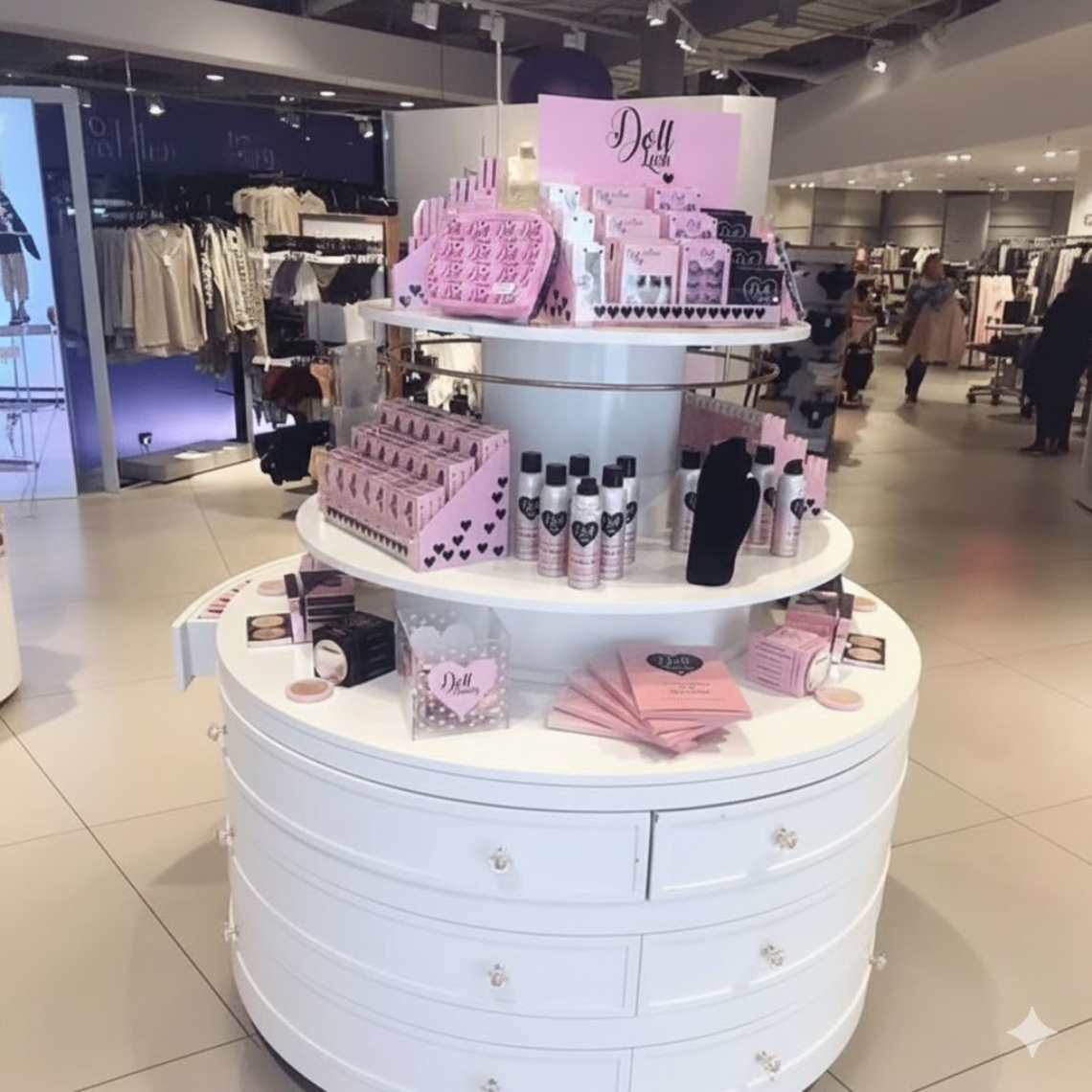 A Doll Beauty custom eyelash display in a beauty store.
