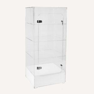 A clear acrylic display cabinet with a lock, a white base and three shelves.