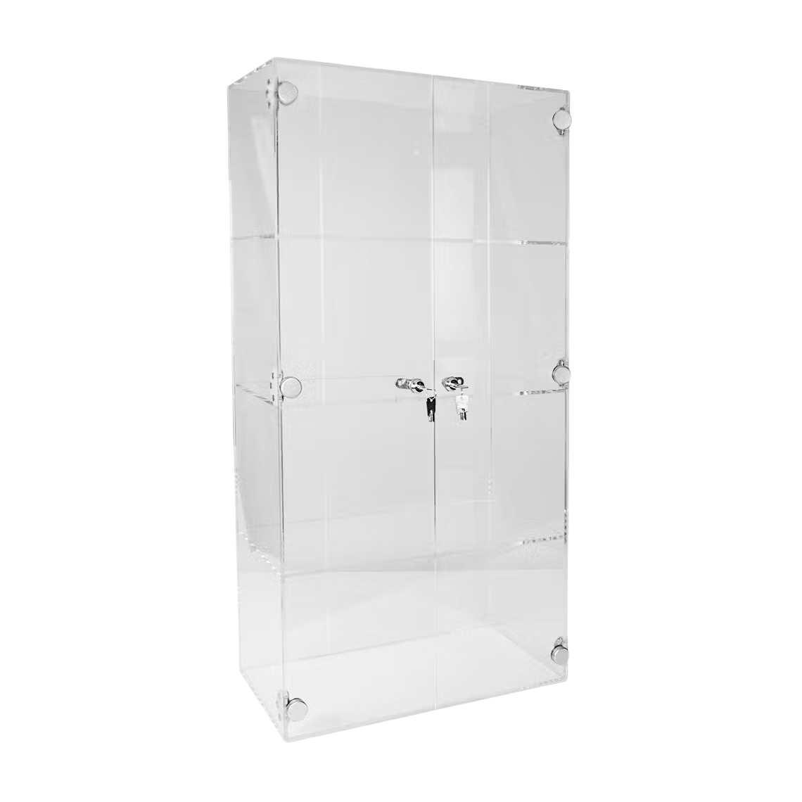 A clear acrylic display case with three shelves and two lockable doors.