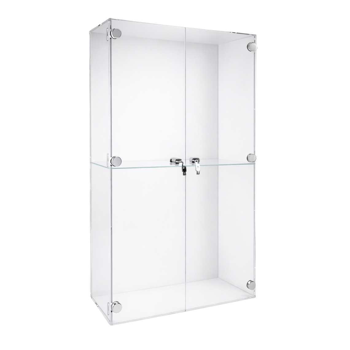 A clear acrylic display case with one shelf, a white back panel and two lockable doors.