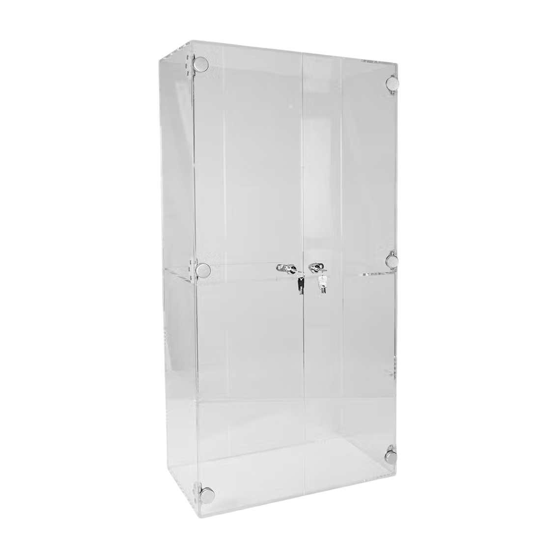 A clear acrylic display case with one shelf and two lockable doors.