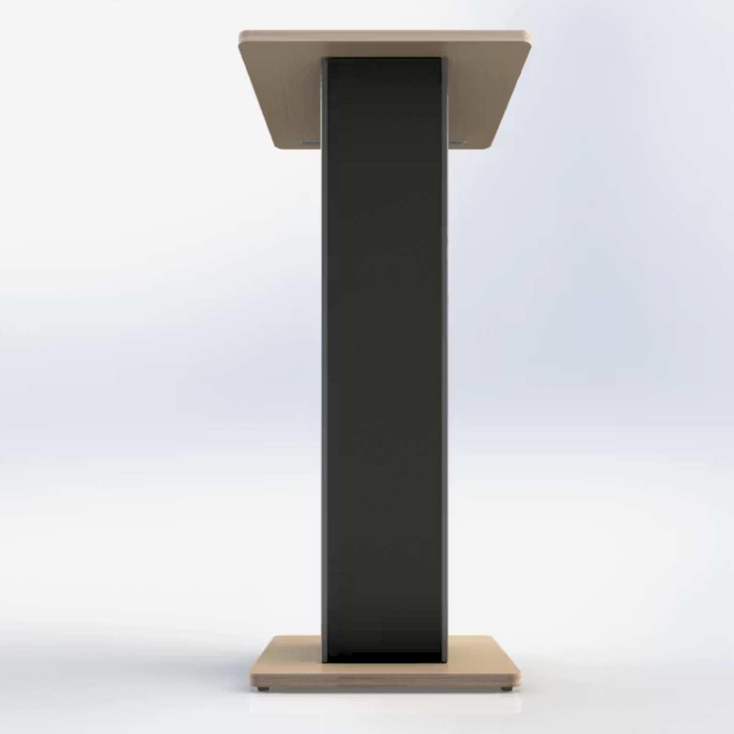 The front of a metal and wood lectern.