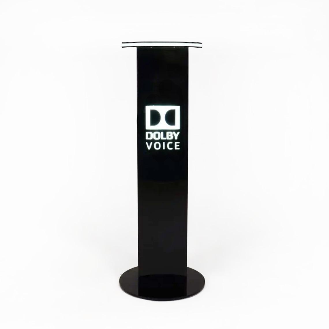 Product Display Plinth with Illuminated Logo and Illuminated top rim, featuring Dolby Voice branding.