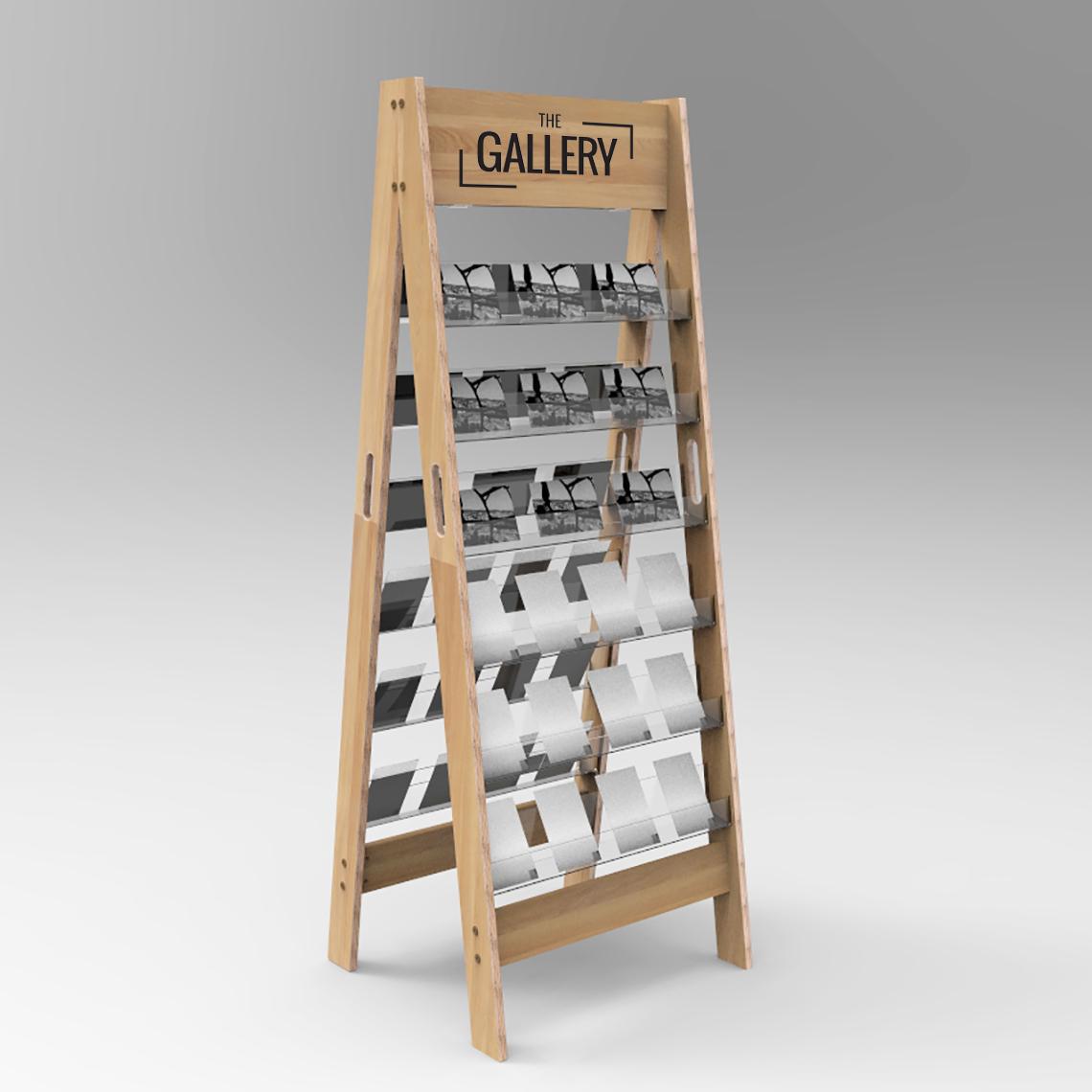 A wood finish card display unit with logo.