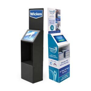 Branded interactive digital brochure display kiosks with touchscreen displays and built-in leaflet dispensers, designed for retail stores, showrooms, exhibitions, and point of sale marketing displays.