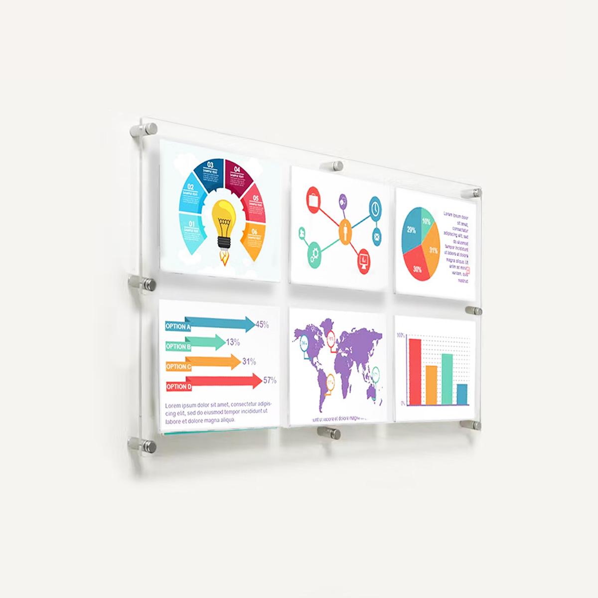 6 Pocket A4 Landscape clear Acrylic Wallboard with silver mounts.