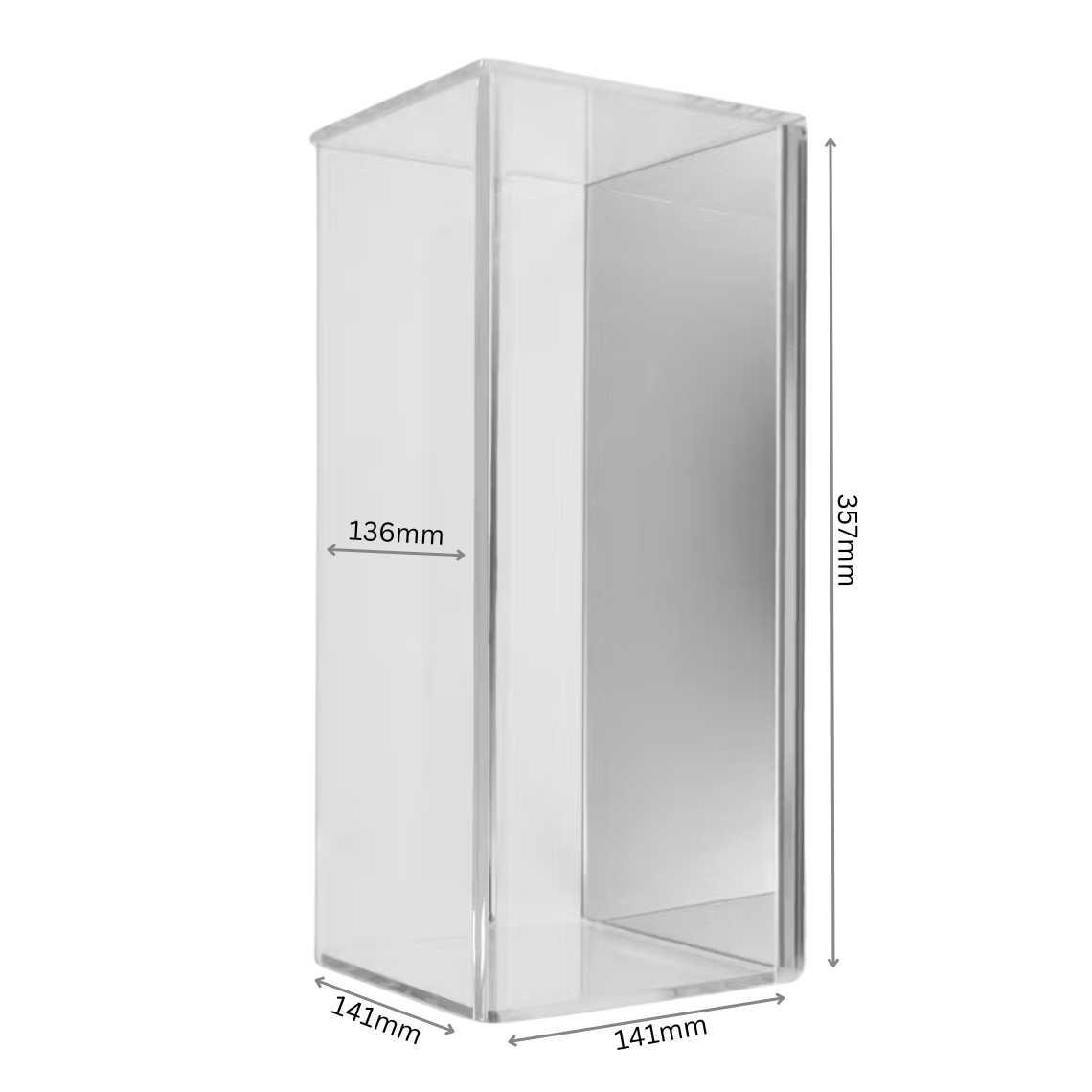 A single bottle display case with dimensions: 141mm (w) x 141mm (d) x 357mm (h) and internal width 136mm.