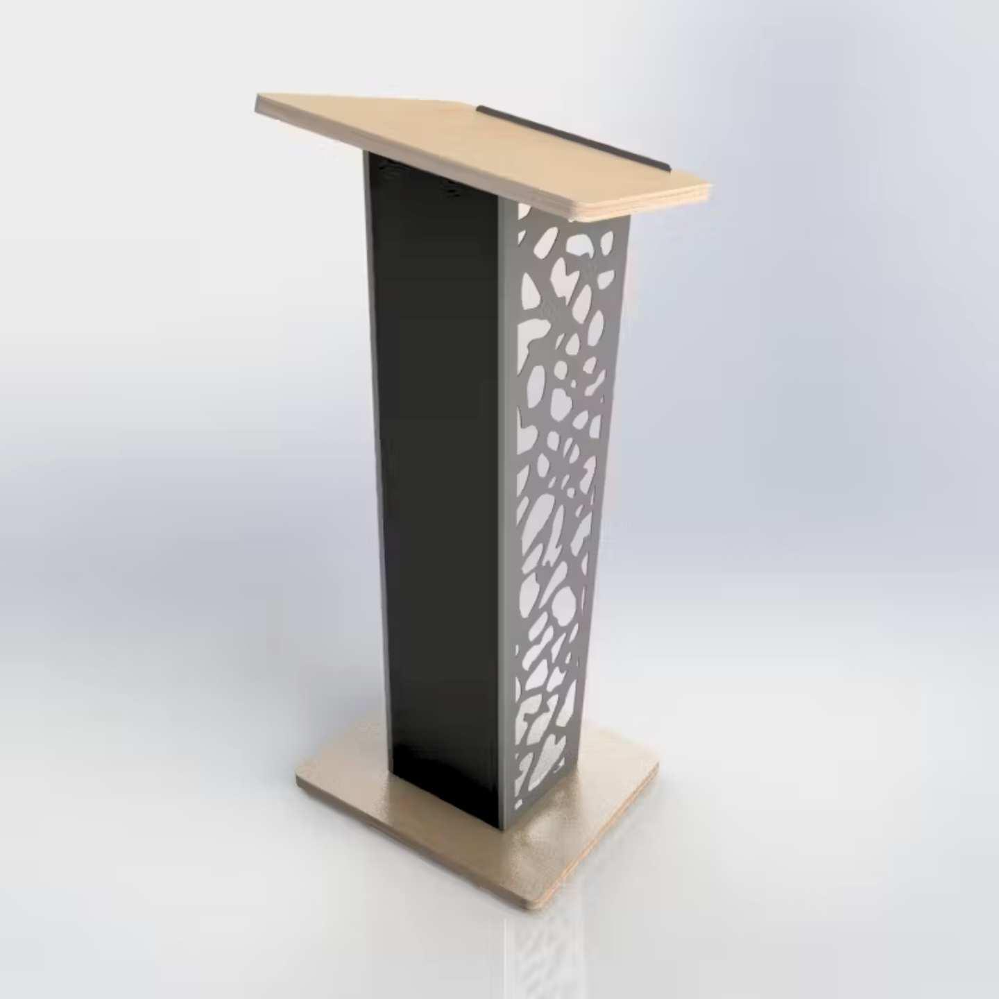Designer lectern with wooden base and reading platform and metal geometric cut out panels.
