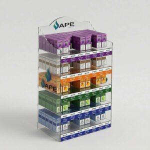 A clear acrylic countertop vape and e-cigarette pos unit with a branded curved header and different coloured vapes on display.