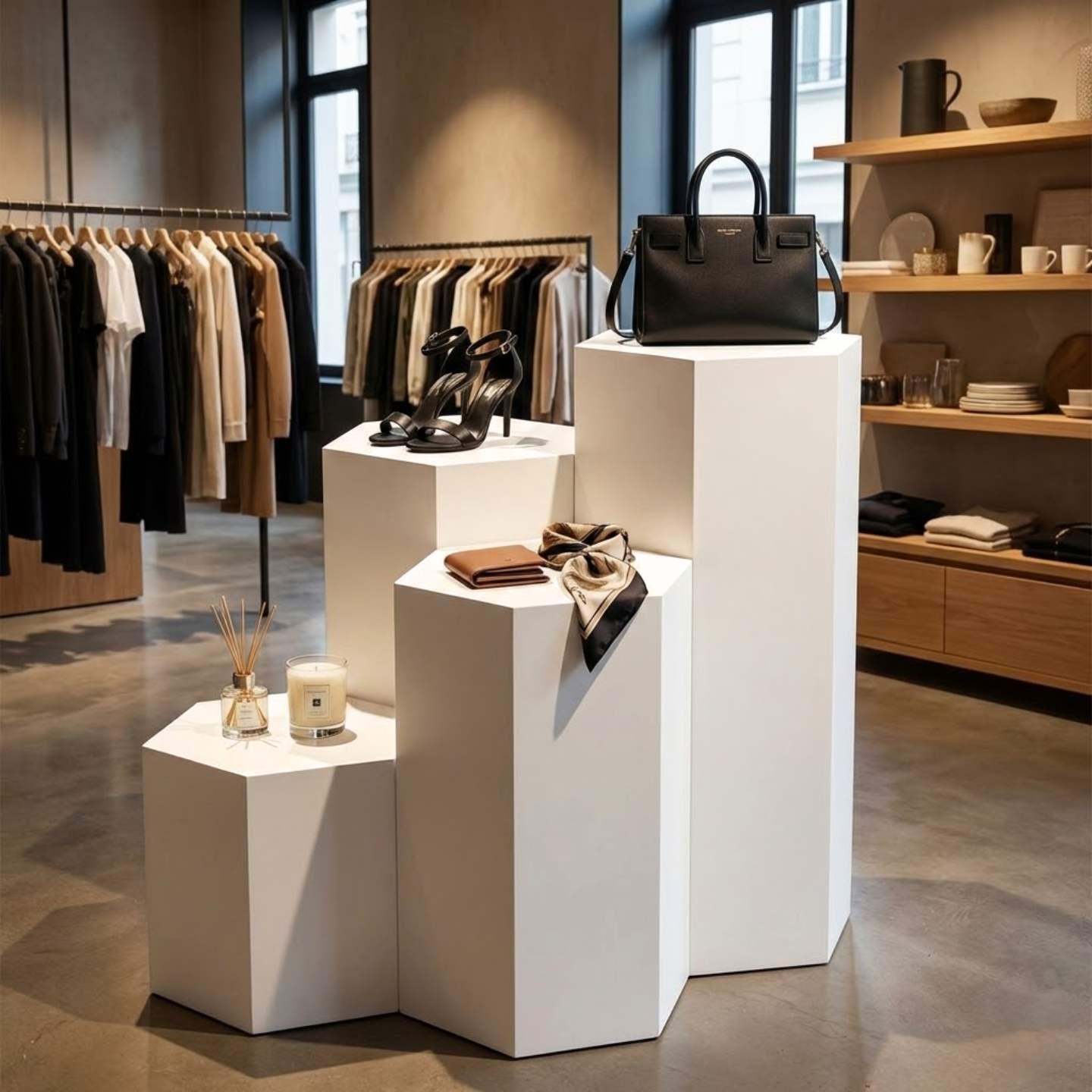 Four white hexagonal plinths in a shop with accessories on top.
