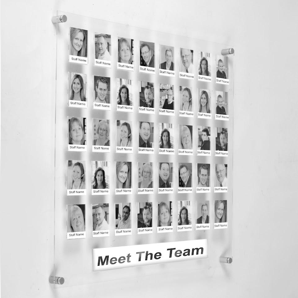 A clear acrylic staff photo board with 40 pockets.