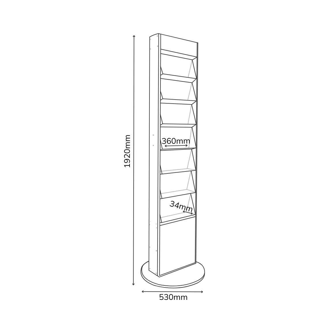 A diagram of a freestanding rotating card spinner with dimensions: 530mm (dia) x 1920mm (h0 and shelf depth 34mm x 360mm width.
