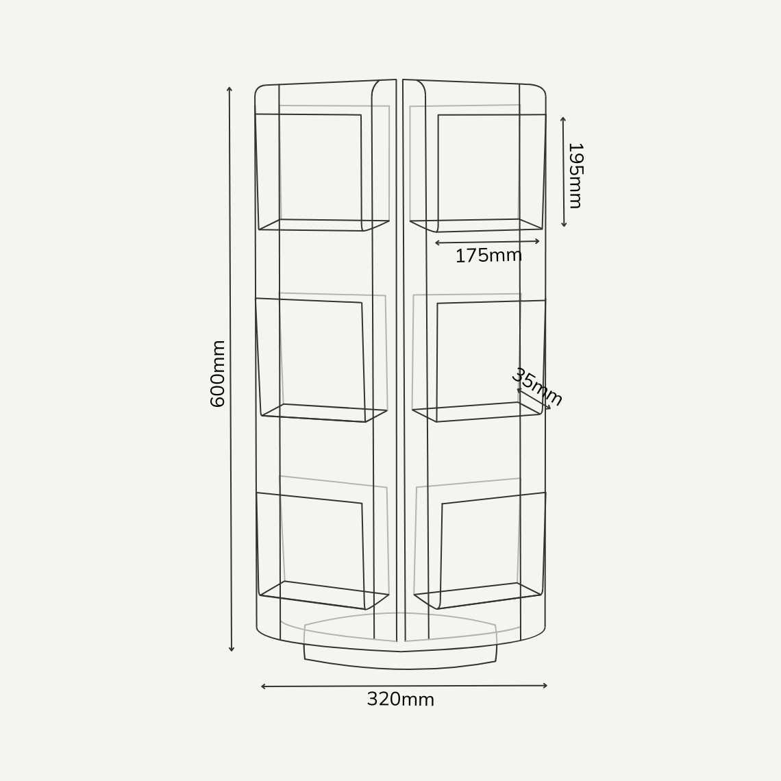 A Desktop Greeting Card Spinner diagram with dimensions: 320mm diameter, 600mm (h) and pockets 175mm (w) x 35mm (d) x 195mm (h).