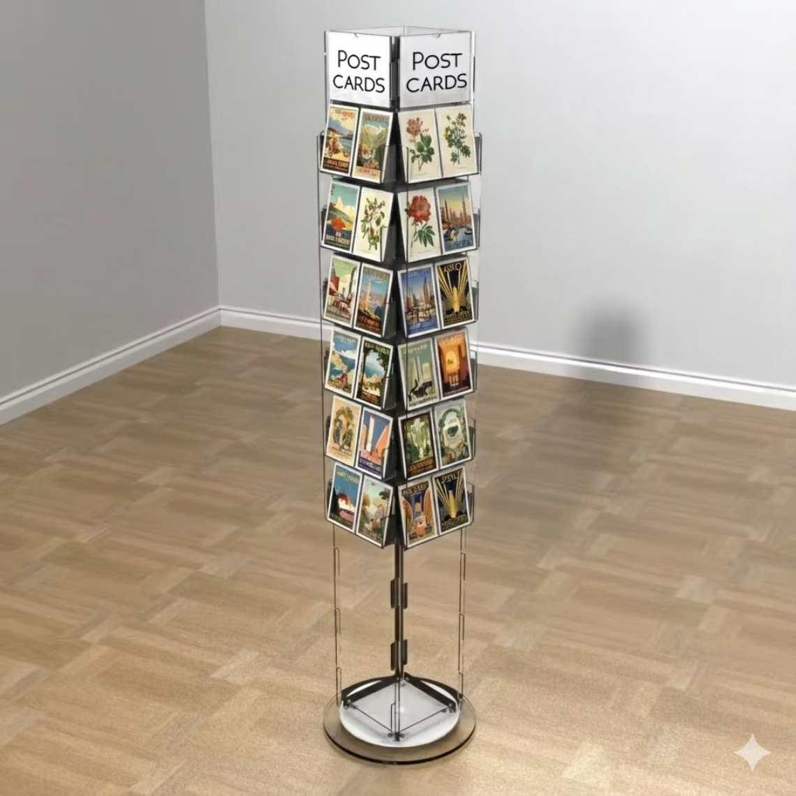 A rotating postcard display with 6 pockets and two A6 postcards in each pocket displayed in portrait orientation.