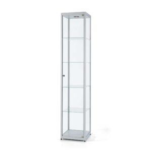 A slim glass display cabinet with a top LED light and sheves.
