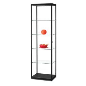 A black glass display cabinet with 4 shelves, a spotlight and vases on display.
