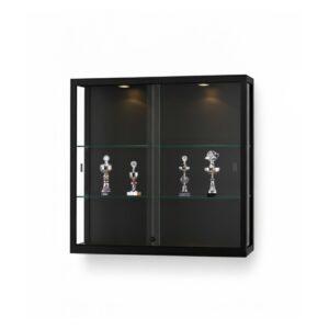 A black wall mounted display cabinet with spotlights, two shelves and trophies on display.