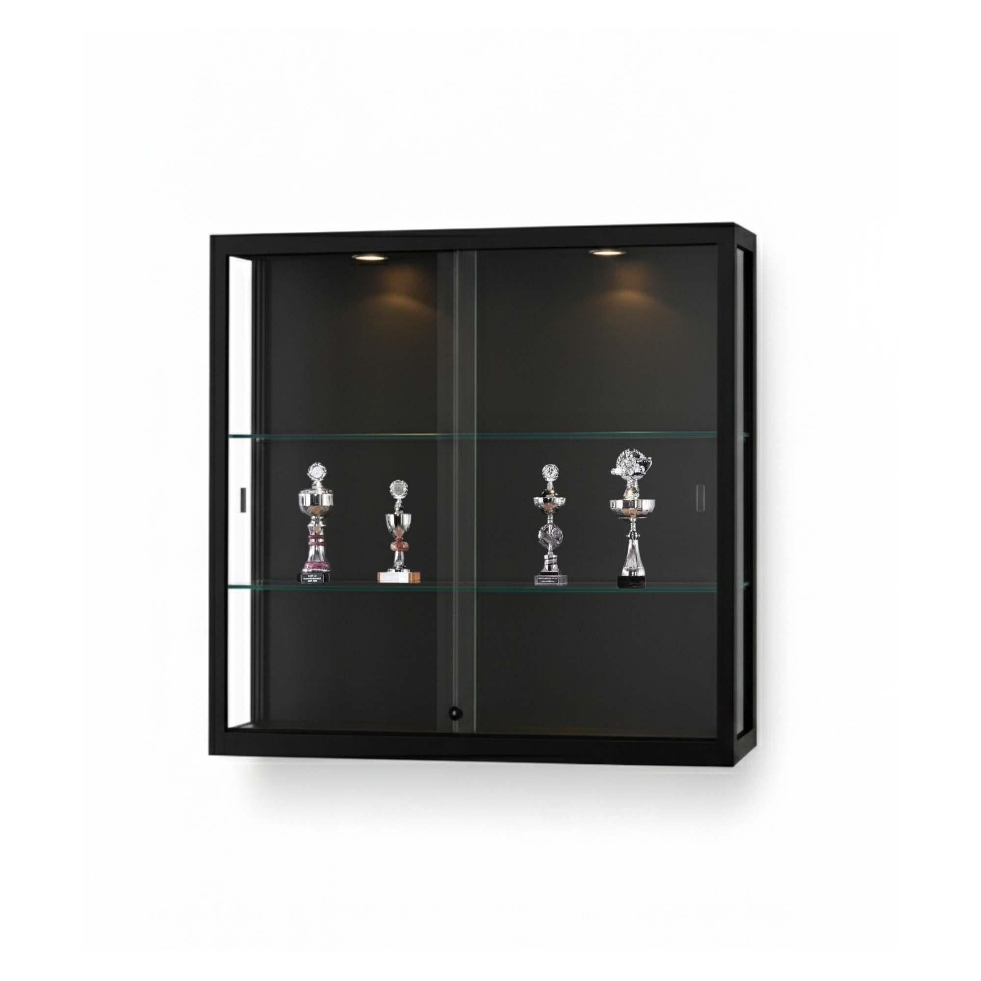 A black wall mounted display cabinet with spotlights, two shelves and trophies on display.