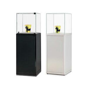A lockable black glass display plinth and a silver glass display case plinth.