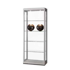 A silver display cabinet with two vases on display.