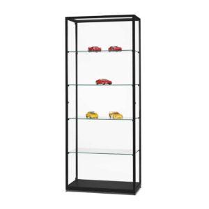 A black cabinet with 4 shelves, side doors and model cars on display.