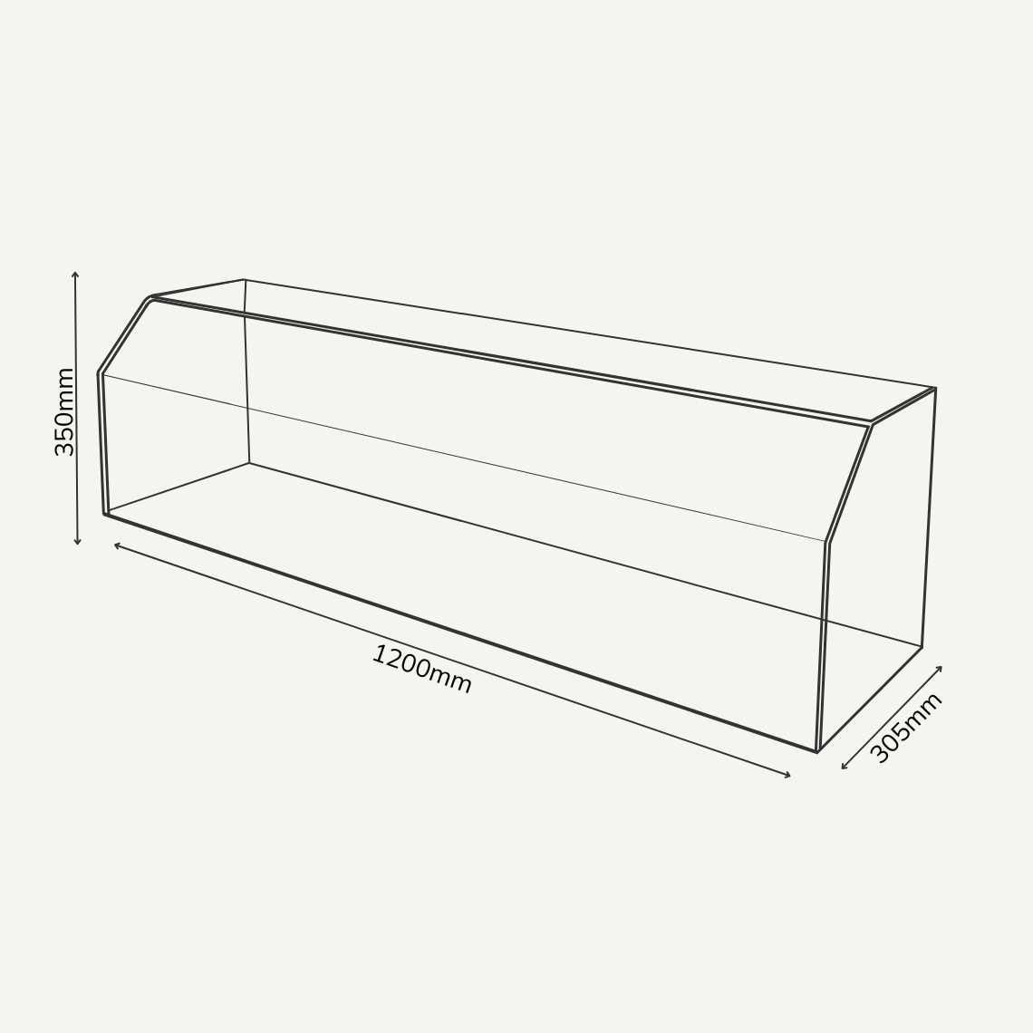 A dimensions drawing of a sneeze guard with dimensions: 1200mm (w) x 350mm (h) x 305mm (d).