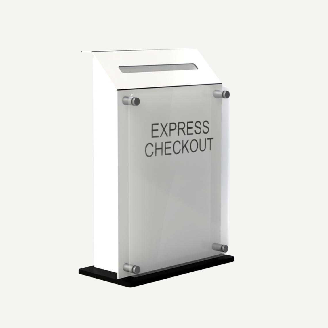 A white countertop hotel key drop off box.