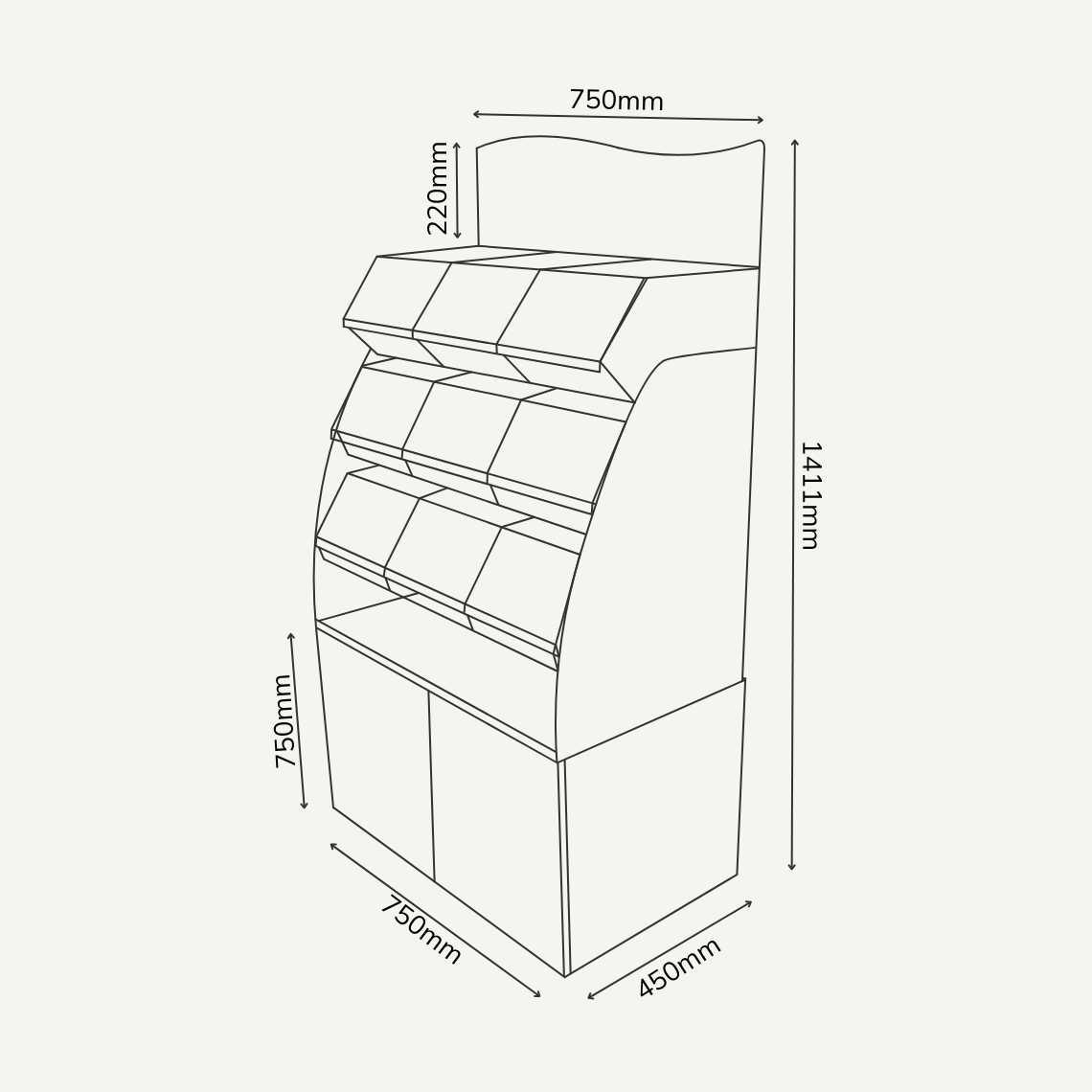 A diagram of a pick and mix display unit with 9 bins, underneath storage and overall dimensions: 750mm (w) x 450mm (d) x 1411mm (h) and storage height 750mm and header height 220mm.