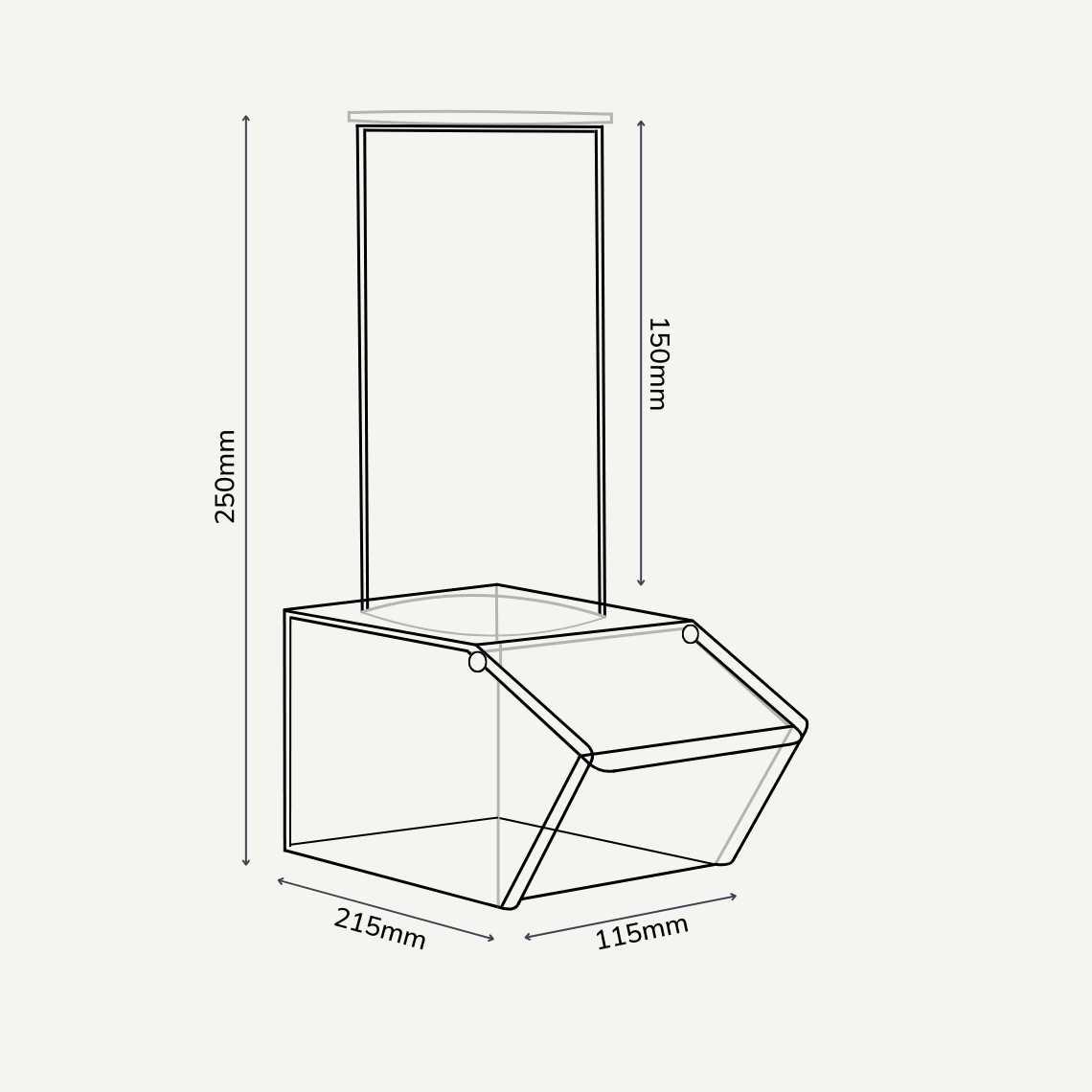 A sweet dispenser diagram with dimensions: 115mm (w) x 215mm (d) x 250mm (h) and tube height 150mm.