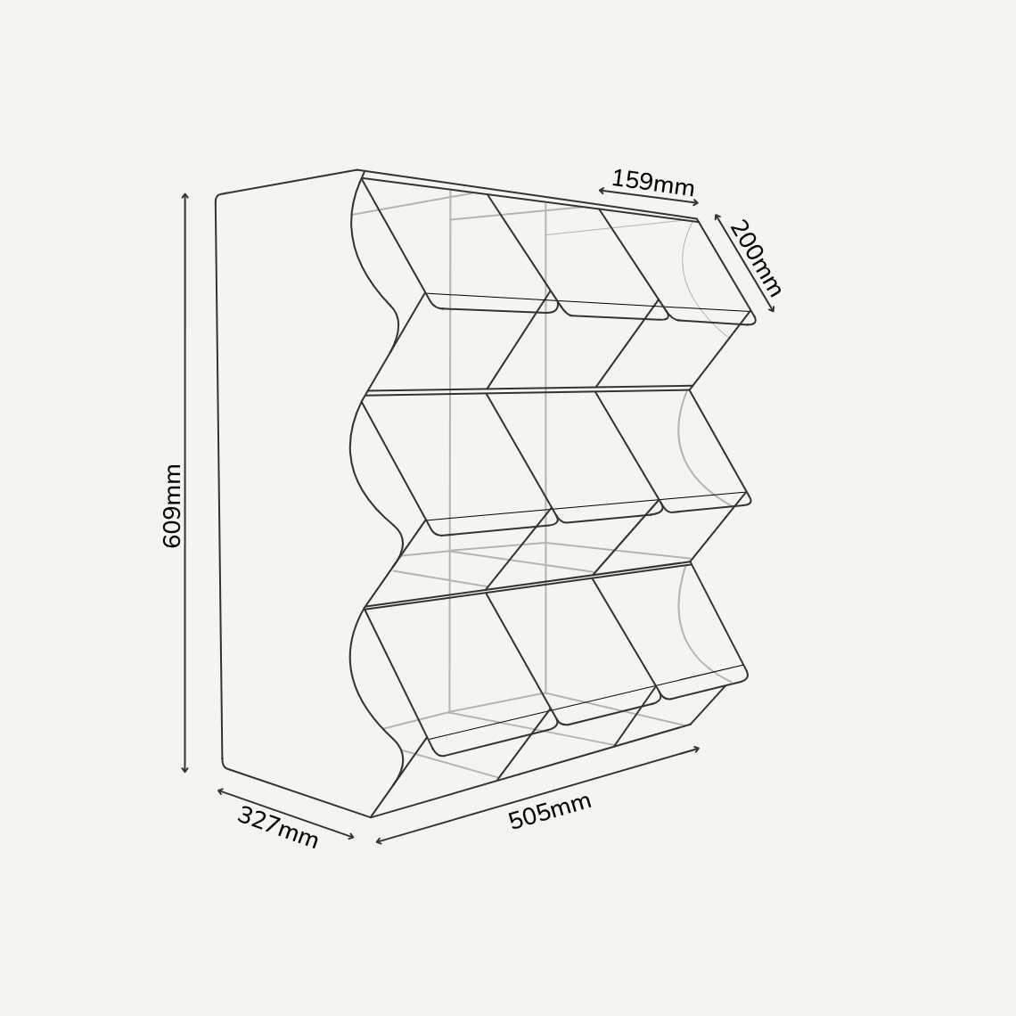 A drawing of a 9 bin wedding pick and mix dispenser with dimension: 505mm (w) x 327mm (d) x 609mm (h) and compartment size 159mm (w) x 200mm (h).