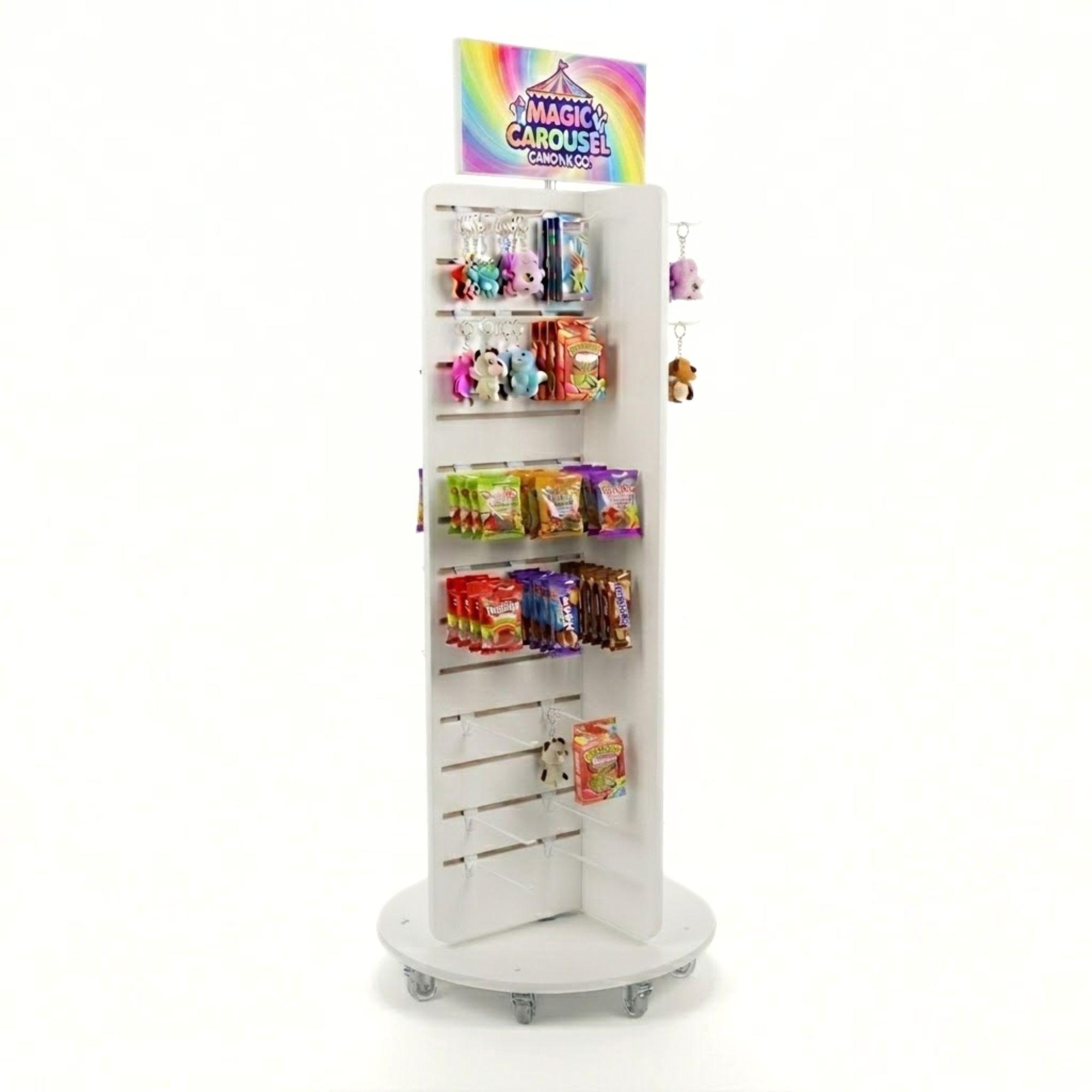 A slatwall pos display with custom branded header, castor wheels and toys and sweets on display.