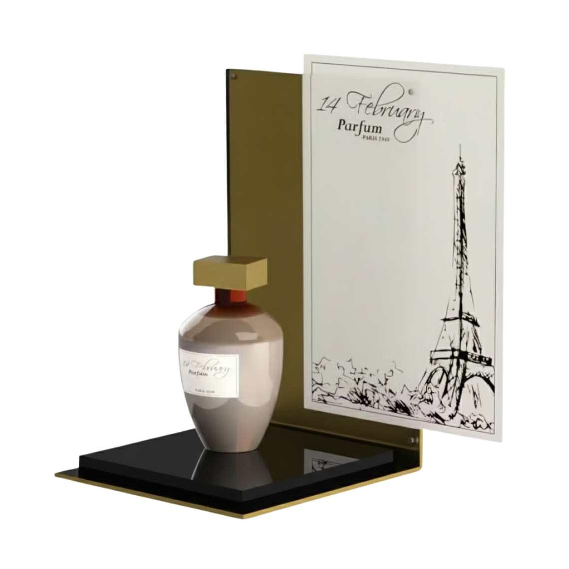 A gold perfume display stand with a black platform and a perfume and graphics on display.