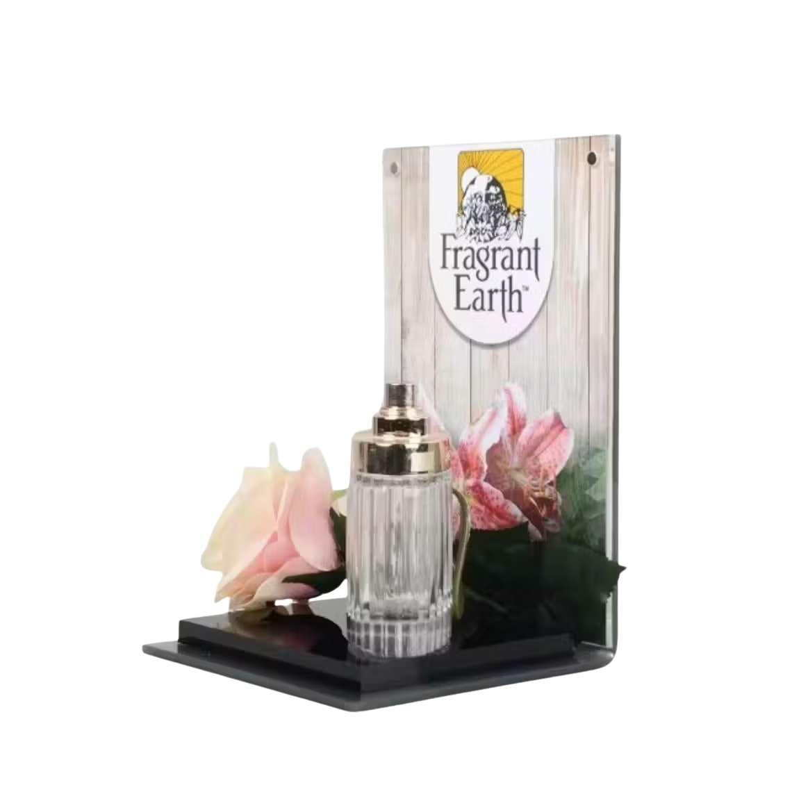 A black perfume display stand with a black platform and a perfume and graphics on display.