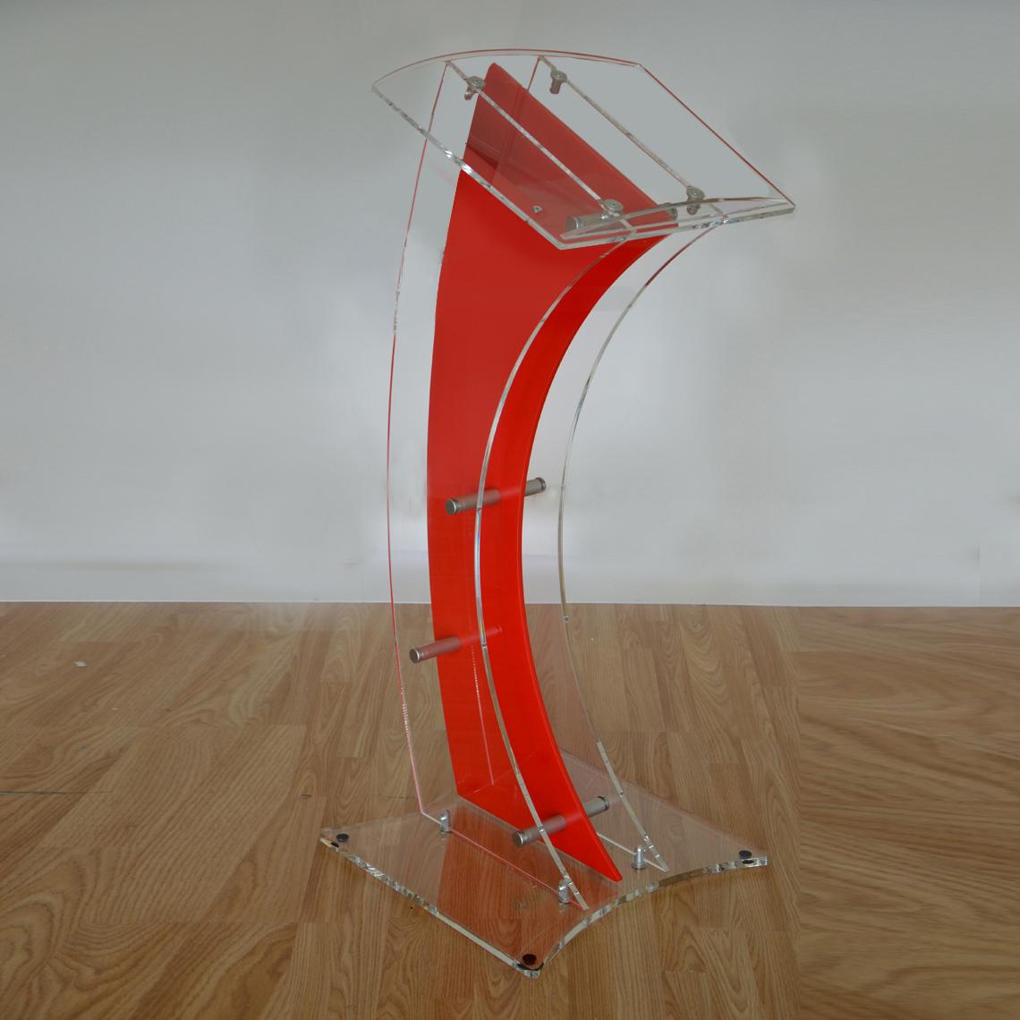 A curved red lectern.