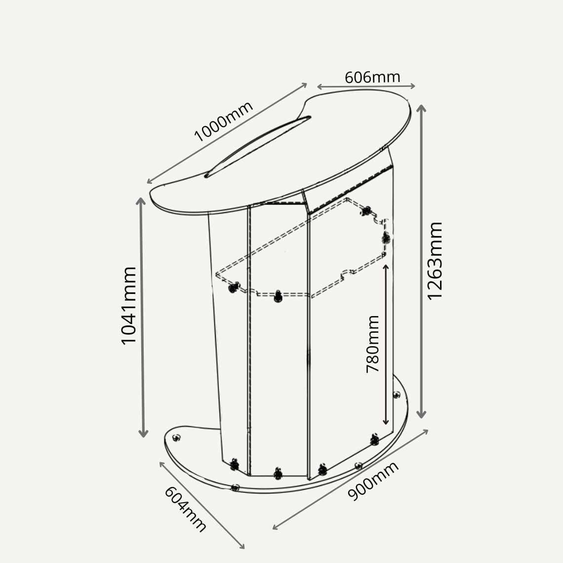 Illustration of a presentation lectern with dimensions: overall height 1263mm, base 900mm (w) x 604mm (d), 1041mm (h) to reading platform and top platform dimensions 1000mm (w) x 606mm (d).