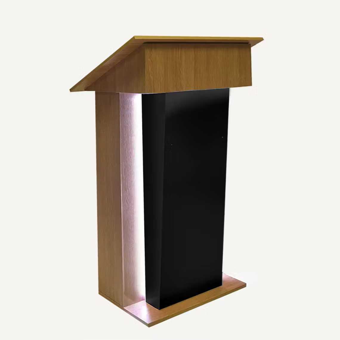 A black acrylic and wooden illuminated lectern.