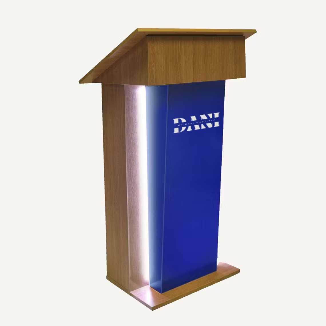 A blue acrylic and wooden illuminated lectern with a logo.