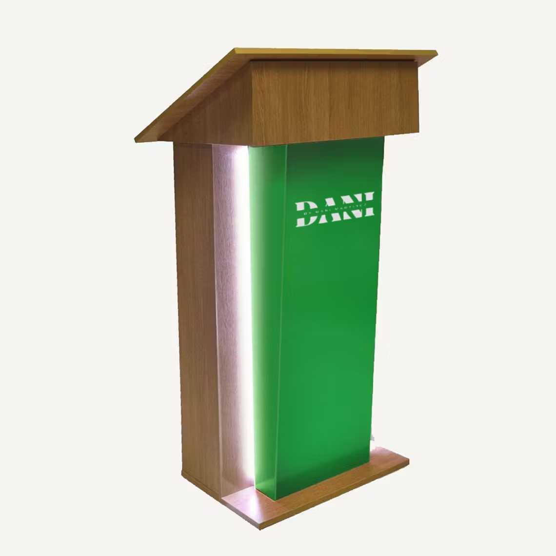 A green acrylic and wooden illuminated lectern with a logo.