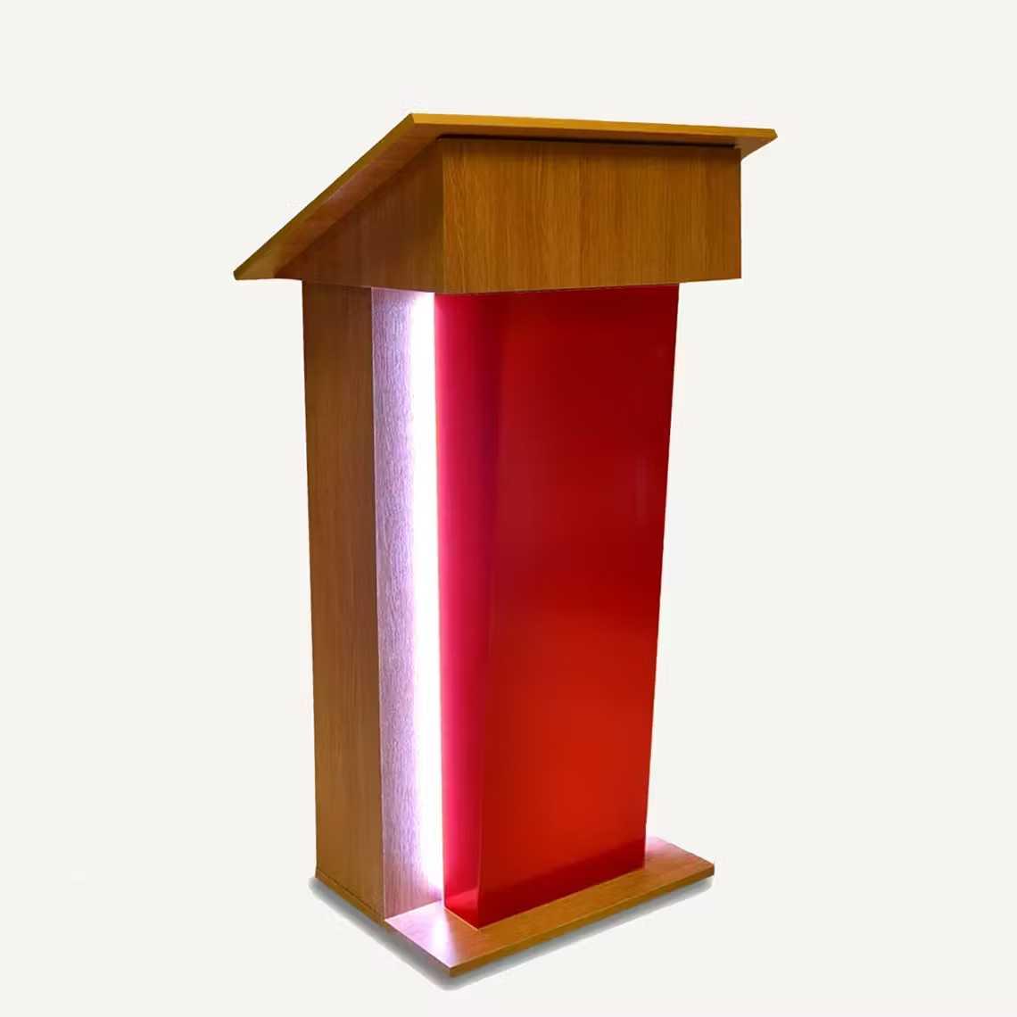 A red acrylic and wooden illuminated lectern.